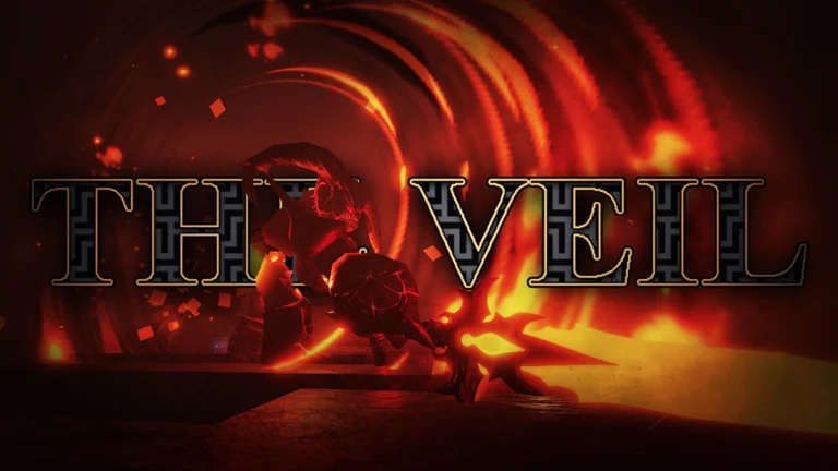 Official The Veil artwork featuring a dark green creature with glowing amber eyes and sharp teeth.